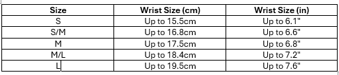 table showing the sizes for cuff bangles